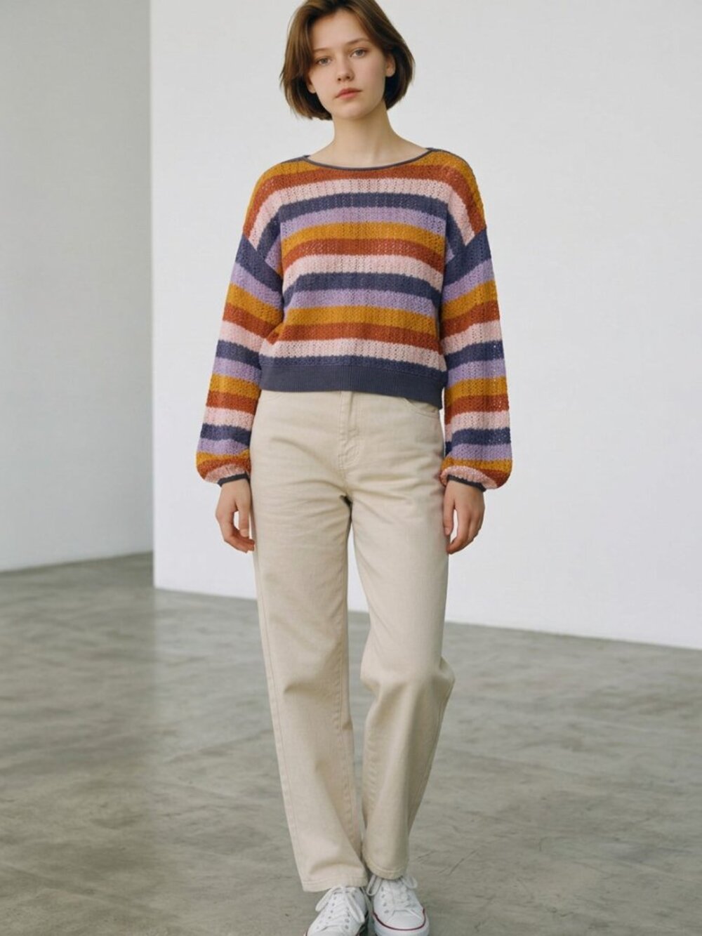 SAYLOR Cropped Open-Knit Striped Sweater in Mustard, Burgundy, Navy & Blush